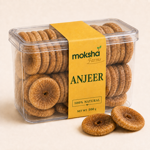 Moksha Farms Anjeer in transparent 500 g box with approved premium logo