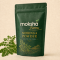 Moksha Farms Moringa Powder in premium green zipper pouch with approved logo
