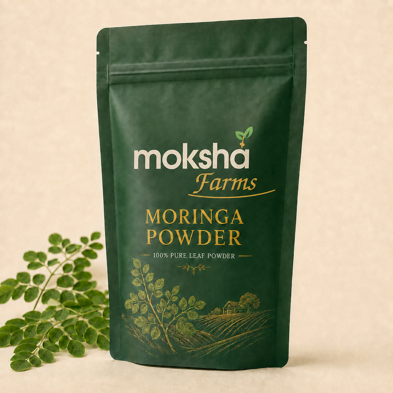 Moksha Farms Moringa Powder in premium green zipper pouch with approved logo
